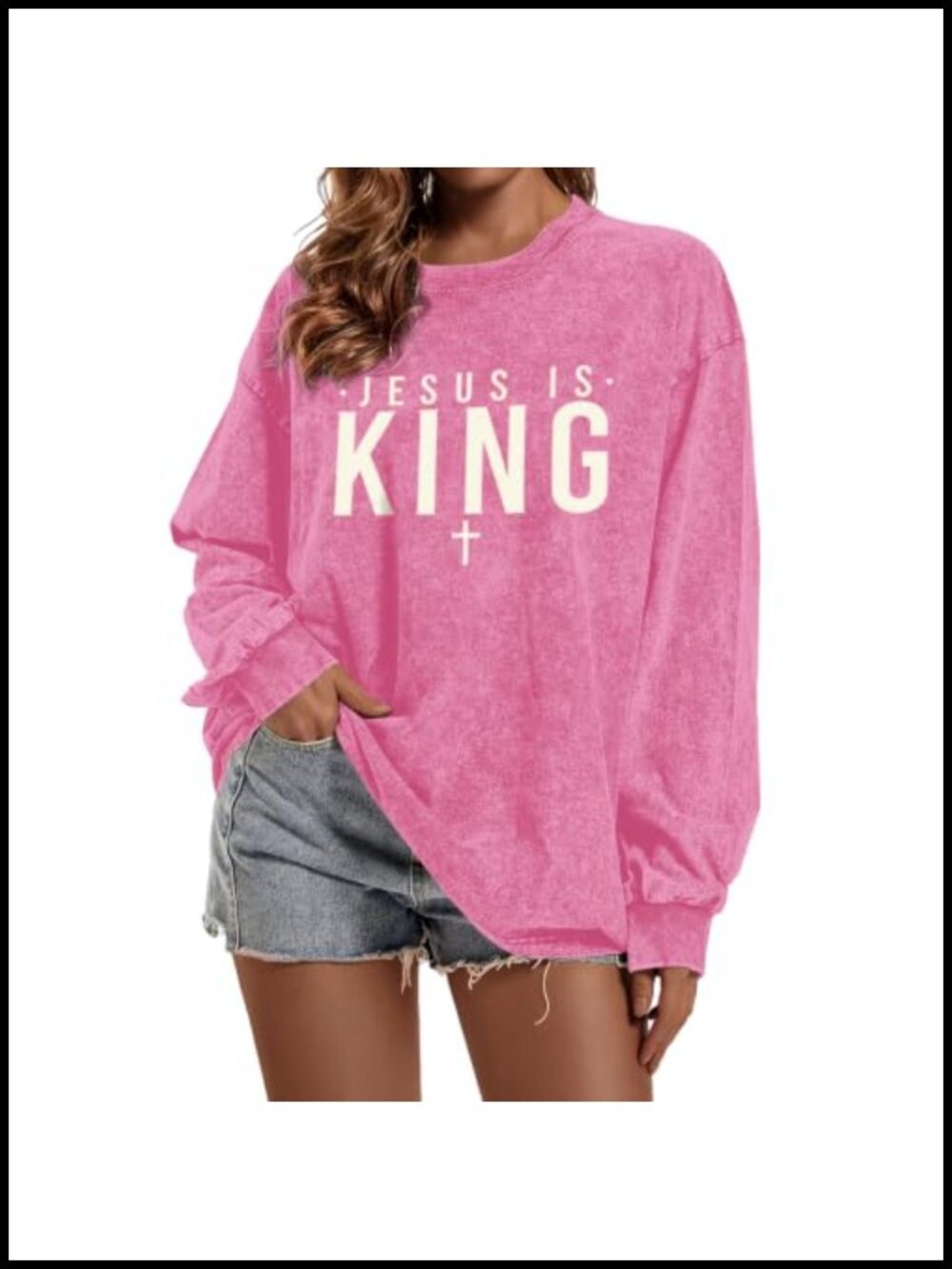 Womens Christian Long Sleeve Tee JESUS IS KING Faith Graphic Cotton Top